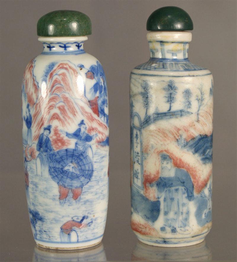 Appraisal: porcelain snuff bottles each with blue iron red underglaze figures