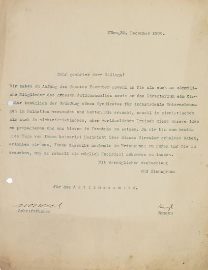 Appraisal: HERZL THEODOR Typed Letter Signed Herzl as Chairman of the