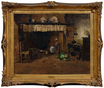 Appraisal: M J Clarke painting interior with figure seated in chair