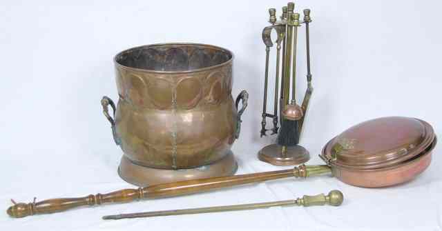 Appraisal: A copper coal bucket a set of fire irons a