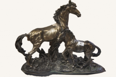 Appraisal: A Large Impressive Bronzed Resin Double Horse Sculpture '' Tall