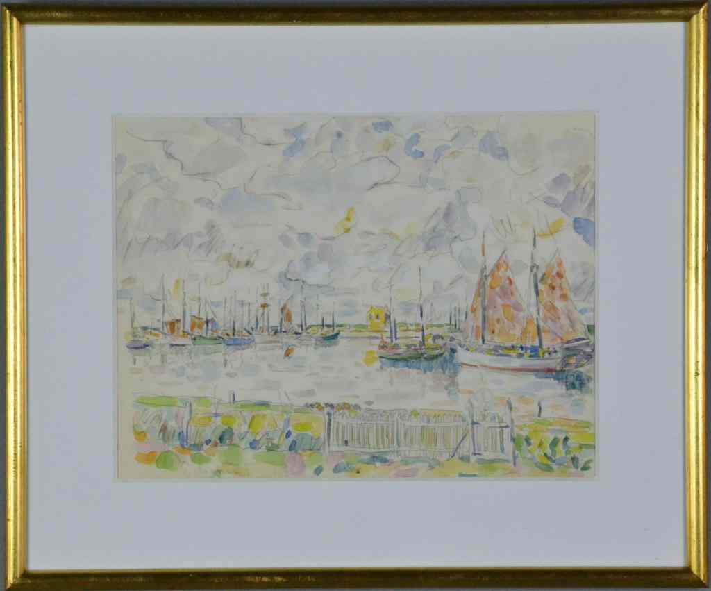 Appraisal: Paul Signac Watercolor On PaperDepicting a seascape with docked sailboats