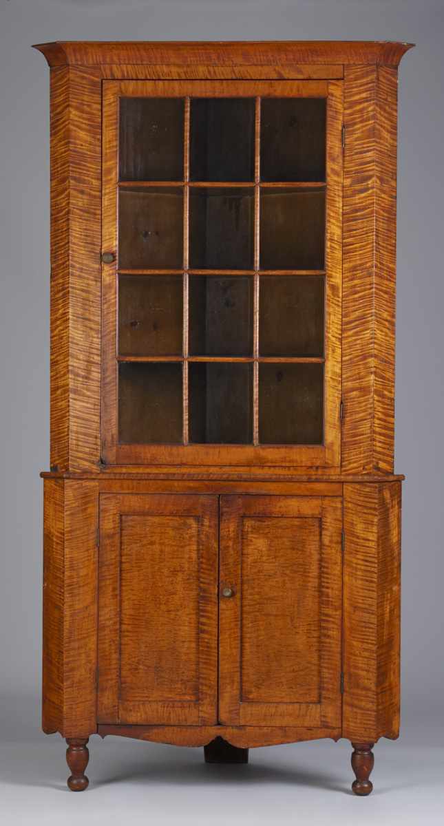 Appraisal: PA Country Sheraton Maple pc Corner Cupboard Dovetailed case Original