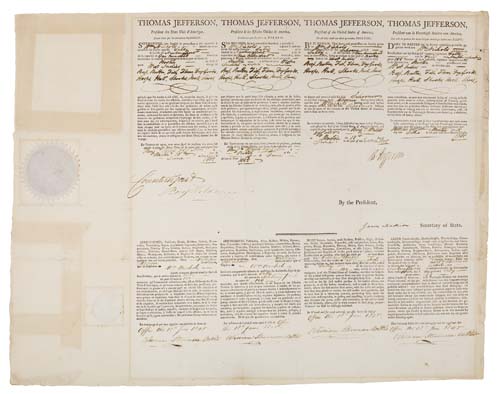 Appraisal: SIGNED BY TWO PRESIDENTS JEFFERSON THOMAS Partly-printed Document Signed as