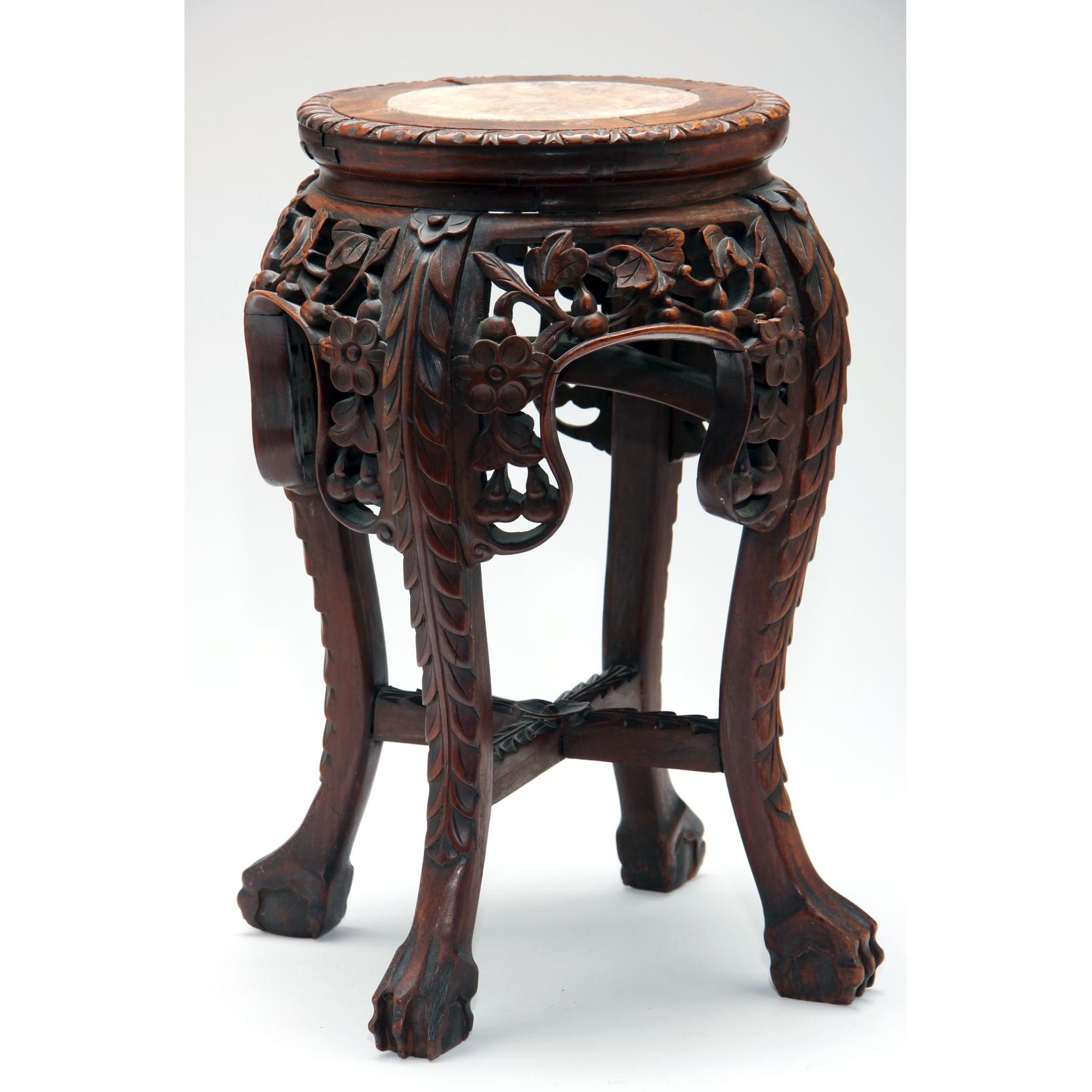 Appraisal: Chinese Hardwood Stand with Marble Top early th century carved