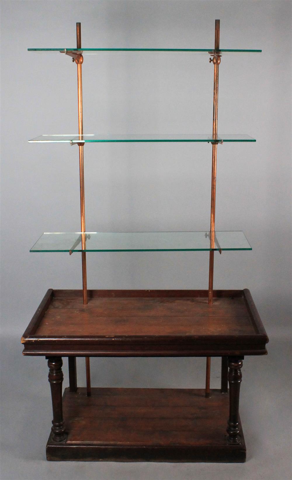 Appraisal: MODERN SHELVES WITH COPPER PIPE GLASS SHELVING AND WOODEN BASE