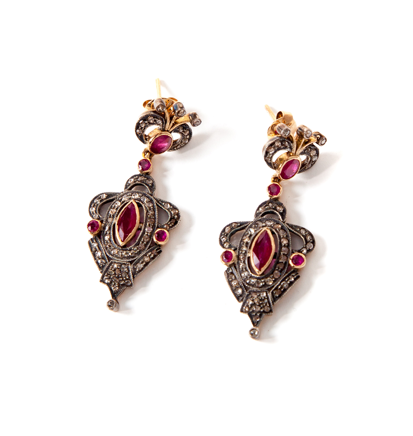 Appraisal: VICTORIAN-STYLE EARRINGS WITH RUBIES AND DIAMONDS Indian th century Silver