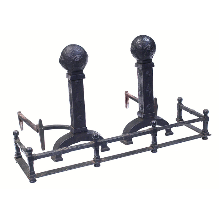 Appraisal: Arts Crafts andirons with fire fender hammered iron with ball