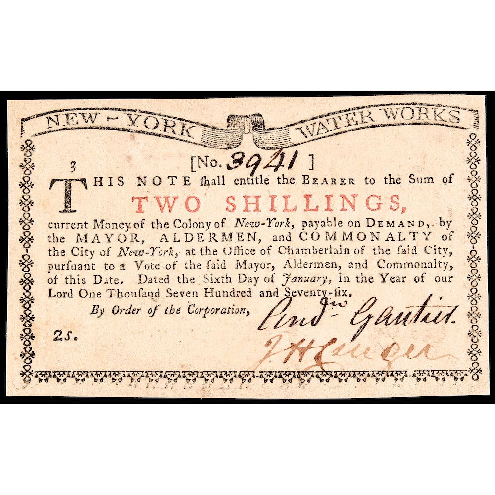 Appraisal: Colonial Currency New York January s NEW YORK WATER WORKS