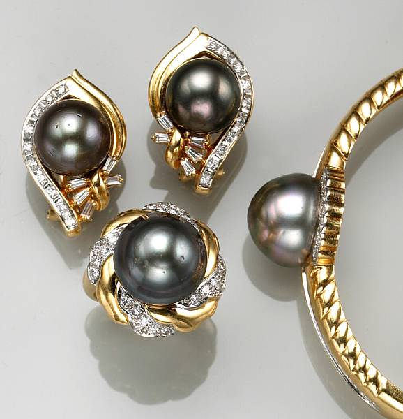 Appraisal: A group of black South Sea cultured pearl diamond and