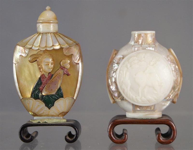 Appraisal: MOP mosaic applique snuff bottles courtesan portrait one bird shell