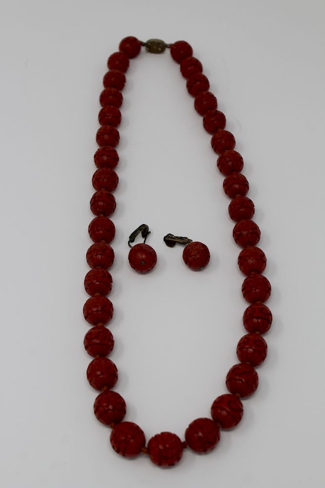 Appraisal: Chinese Cinnabar Necklace and Earrings Chinese Cinnabar Necklace and Earrings