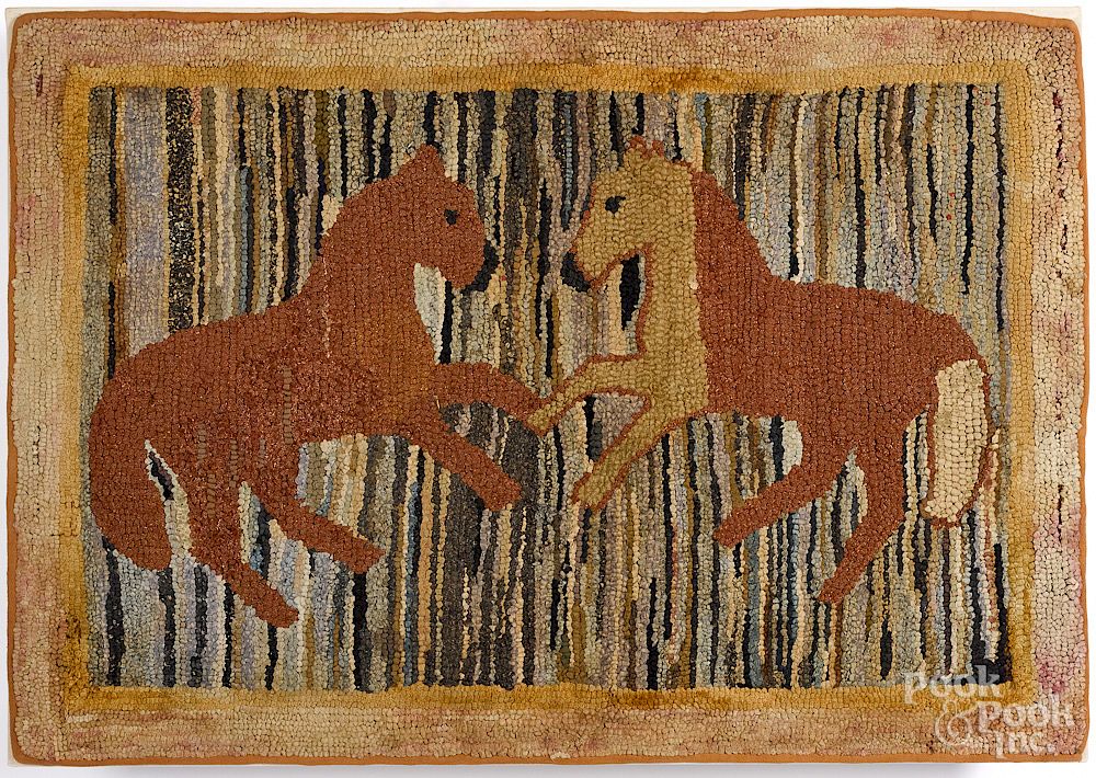 Appraisal: Rearing horse hooked rug Rearing horse hooked rug late th