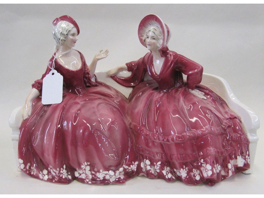 Appraisal: Pair of Katzhutte porcelain groups of two ladies sat upon