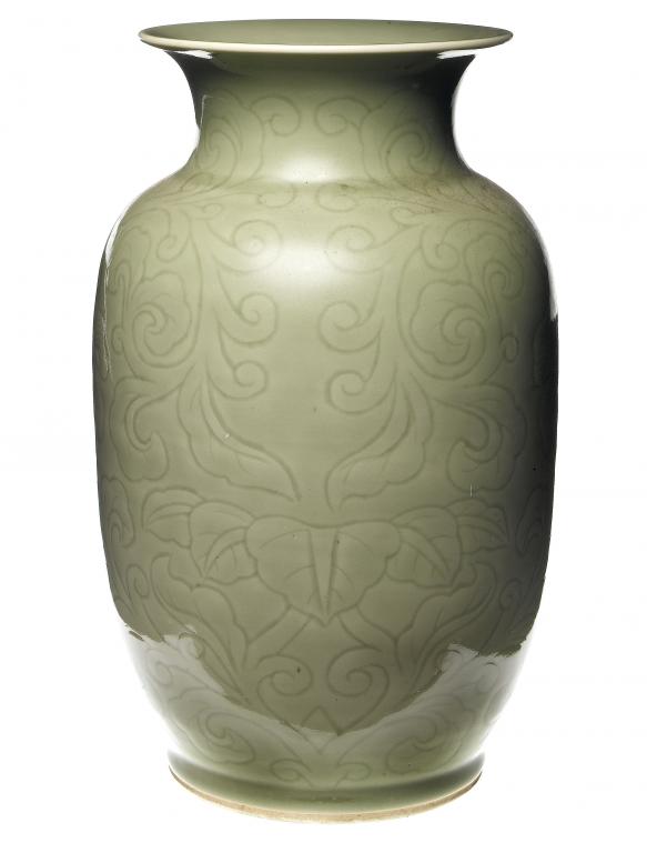 Appraisal: A CELADON VASE of shouldered form with anhua lotus and