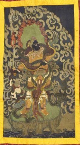 Appraisal: Tibetan Thangka tapestry painted on canvas depicting central Buddhist deity