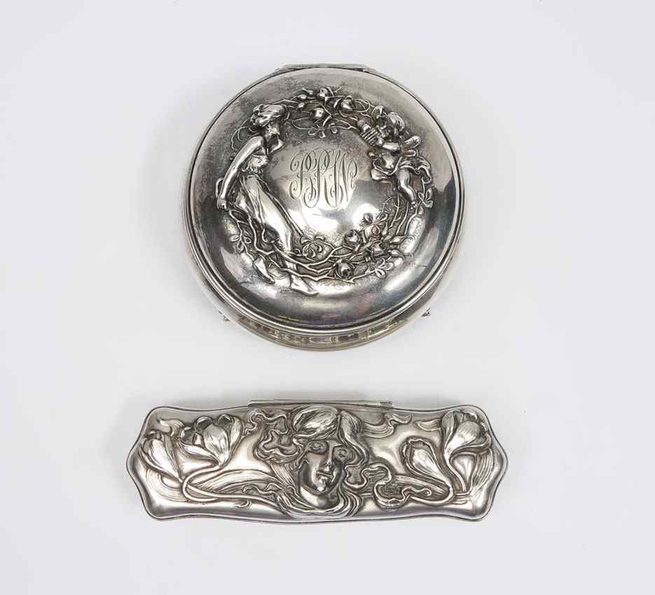 Appraisal: ART NOUVEAU STERLING SILVER JEWELRY CASES To include Kerr jewelry