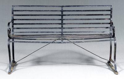 Appraisal: Iron garden bench scrolled arms with horizontal bands above diagonal