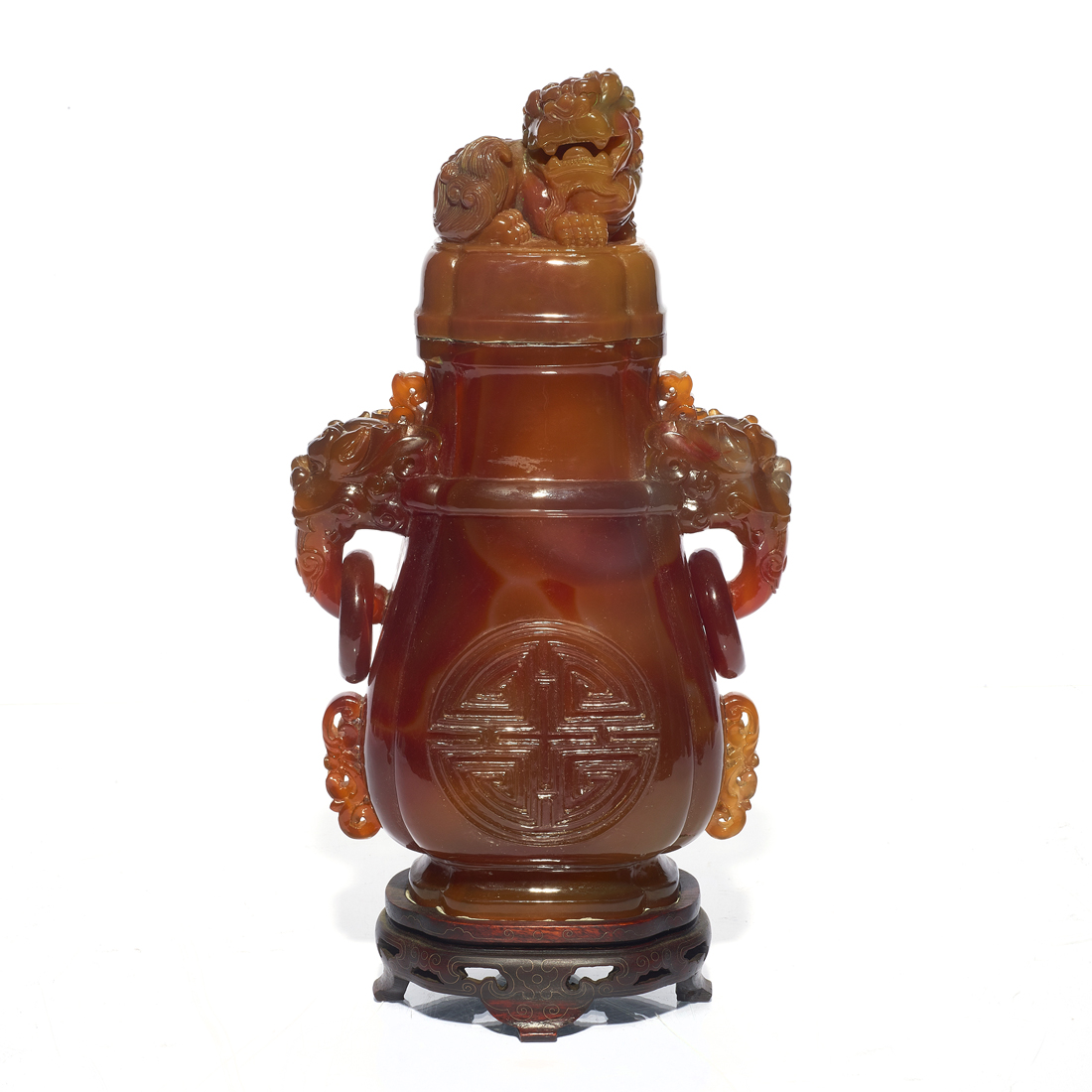 Appraisal: LARGE CHINESE CARVED AGATE COVERED URN Large Chinese carved agate