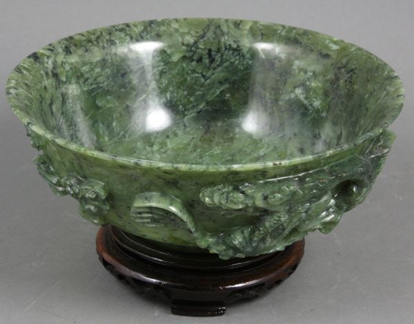 Appraisal: Carved jade bowl on stand h bowl only x d