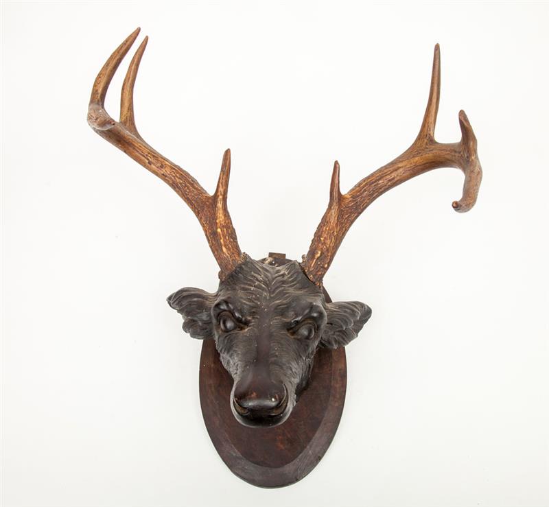 Appraisal: German Carved Walnut Deer Trophy Wall-mounted with stag's horns x