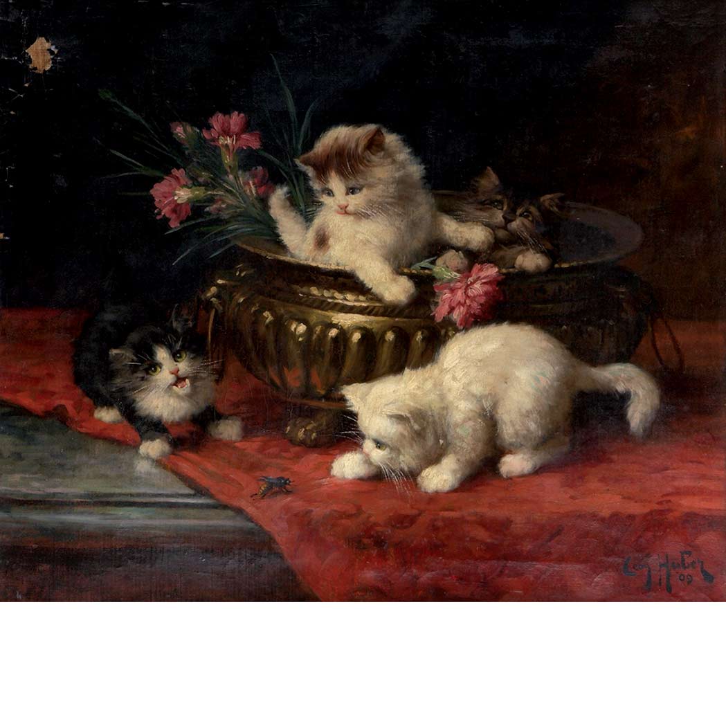 Appraisal: Leon Huber French - Kittens at Play Signed Leon Huber