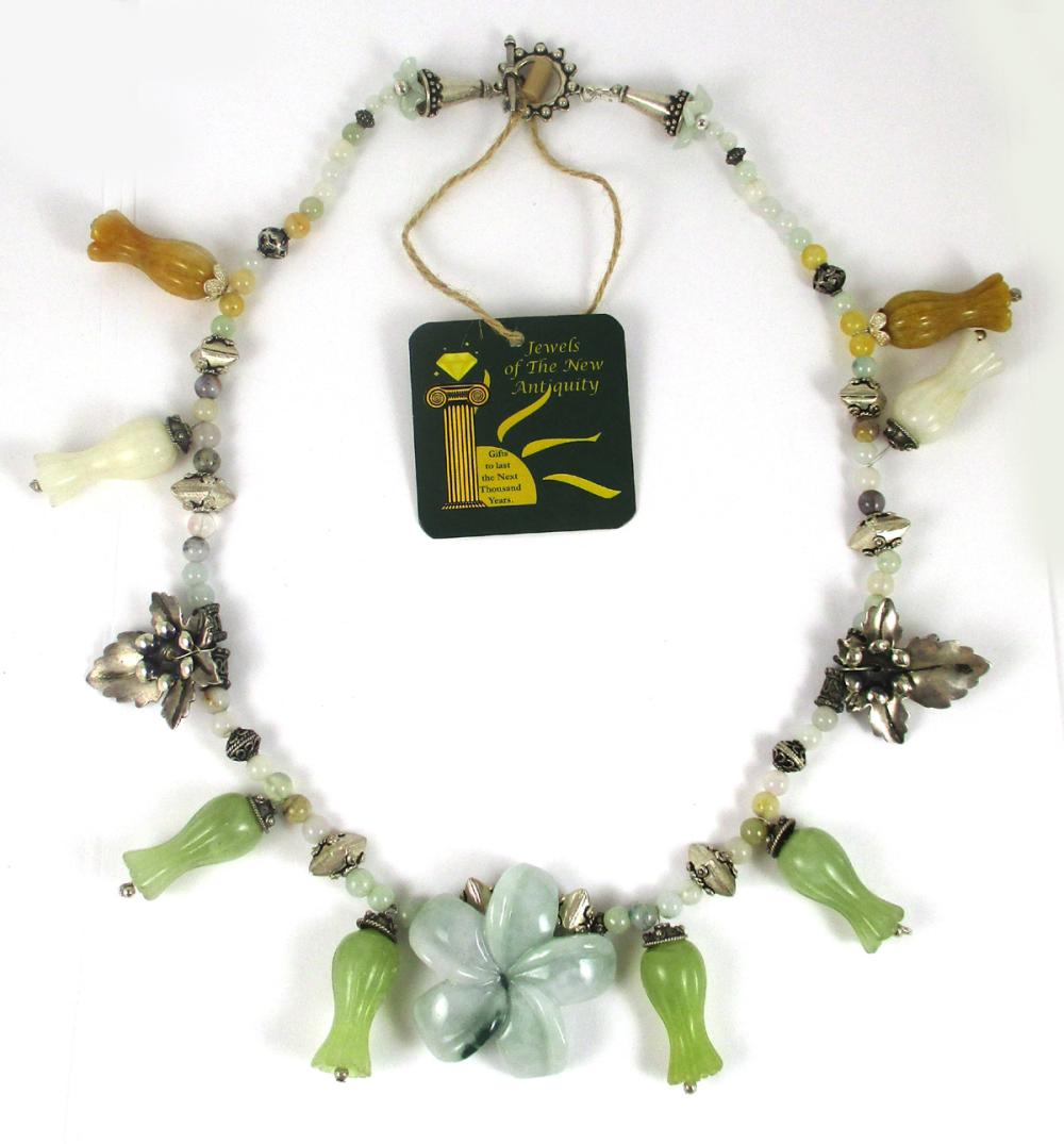 Appraisal: CHINESE HARDSTONE AND SILVER SQUASH BLOSSOM STYLE NECKLACE - in