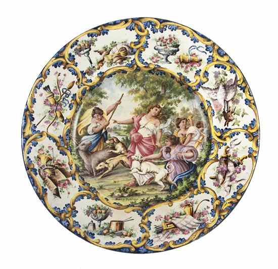 Appraisal: An Italian Faience Platter depicting Diana the Huntress the border