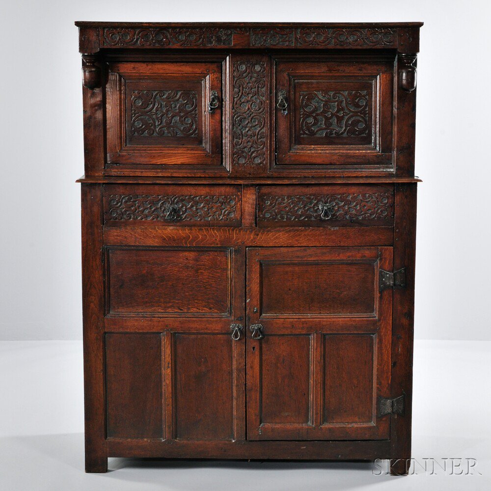 Appraisal: Carved Oak Joined Press Cupboard England early th century with