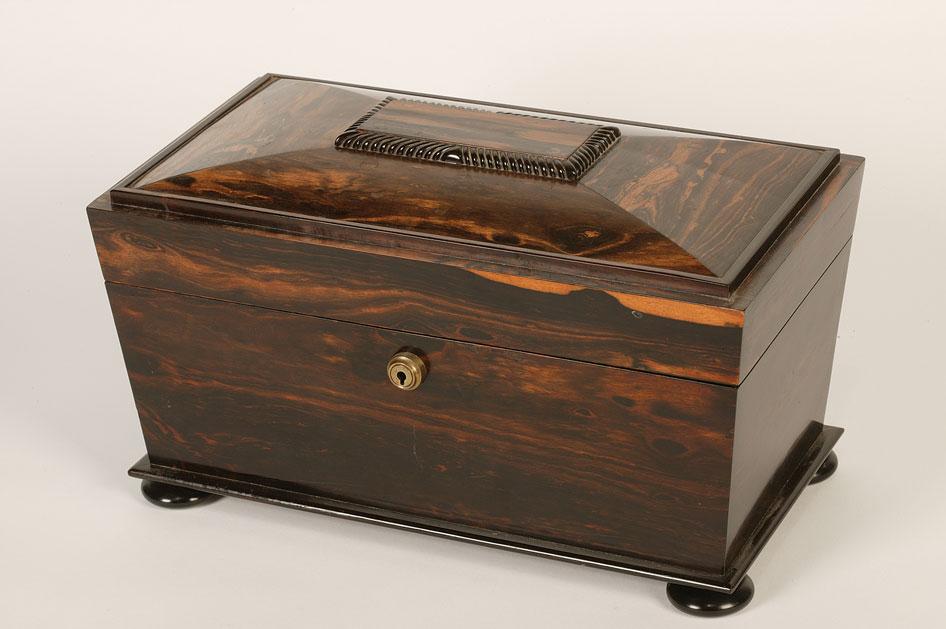 Appraisal: A REGENCY CORAMANDEL SARCOPHAGUS FORM TEA CADDY by Mechi Bazin