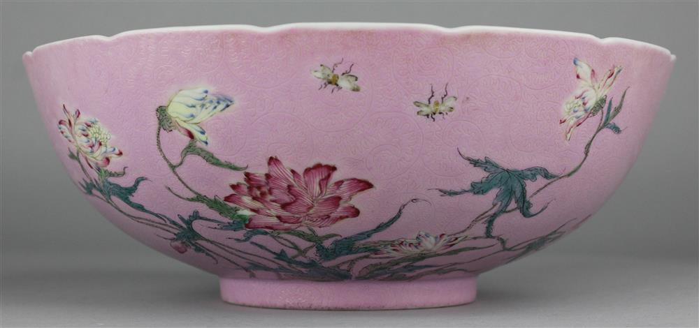 Appraisal: CHINESE FAMILLE ROSE PINK-SGRAFITTO GROUND BOWL JIAQING - SIX-CHARACTER MARK