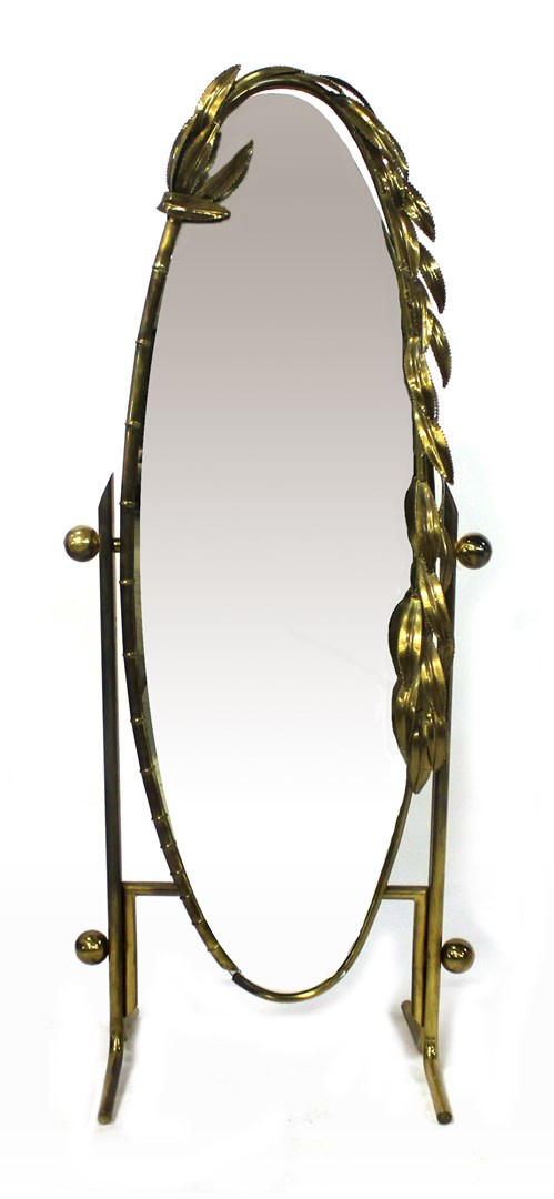 Appraisal: A Maison Jansen style brass cheval mirror with oval mirror