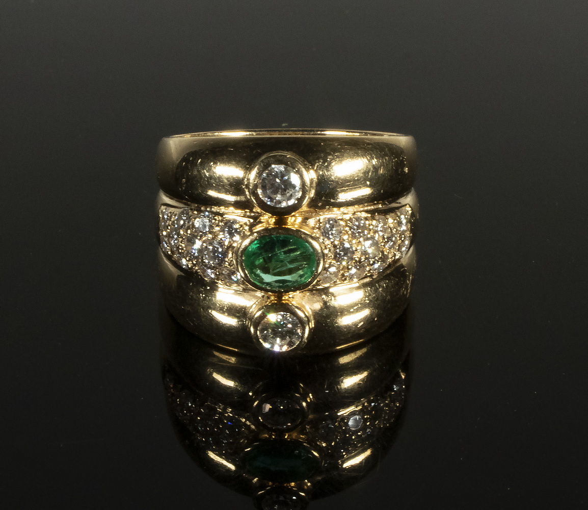 Appraisal: LADIES EMERALD DIAMOND RING K Yellow Gold Triple Band Design