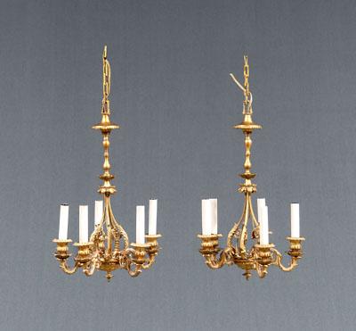 Appraisal: Pair bronze dor hall chandeliers diminutive forms each with five