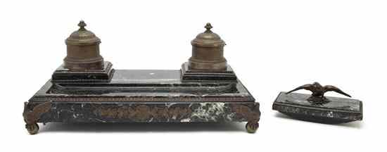 Appraisal: A Bronze Mounted Slate Desk Set the blotter surmounted with