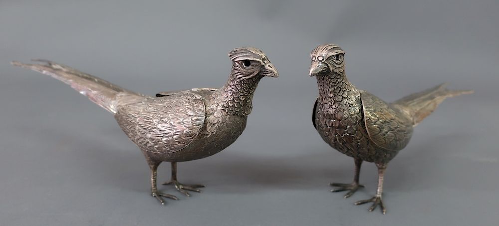 Appraisal: Pair of Sterling Silver Pheasants Fine pair of sterling silver