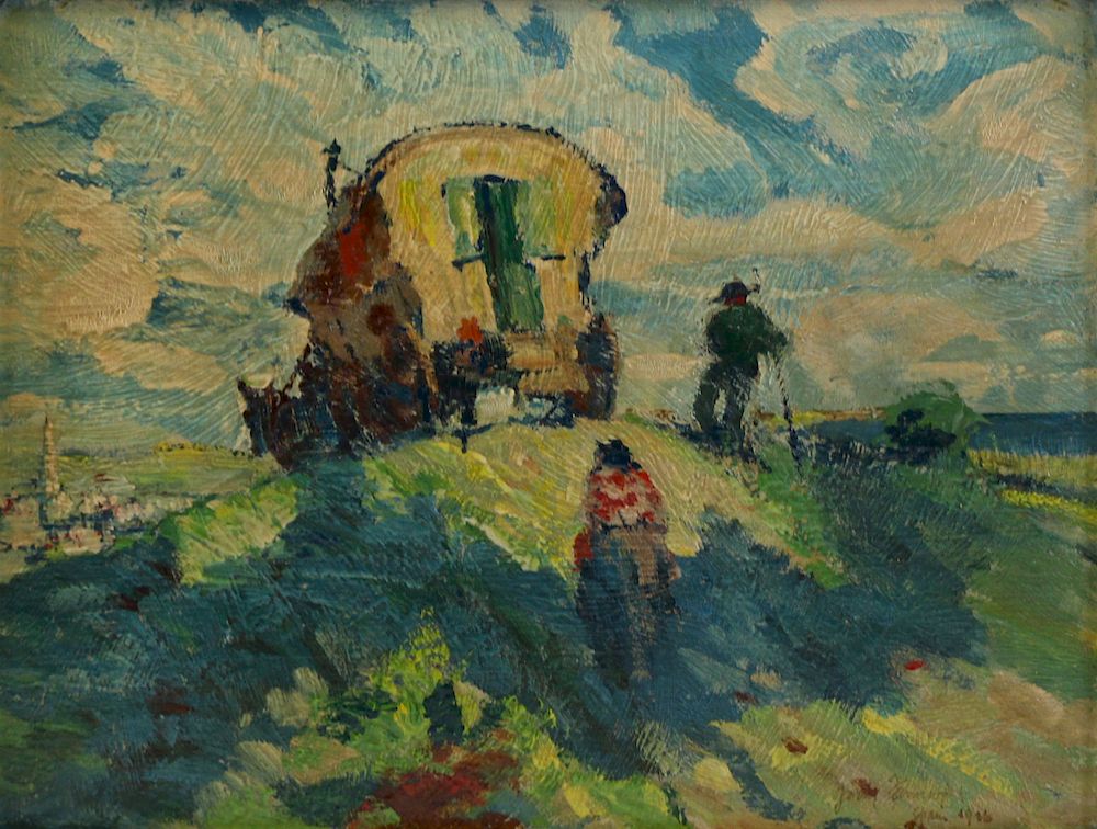 Appraisal: JERRY FARNSWORTH AMERICAN - Oil on Board Covered wagon Signed