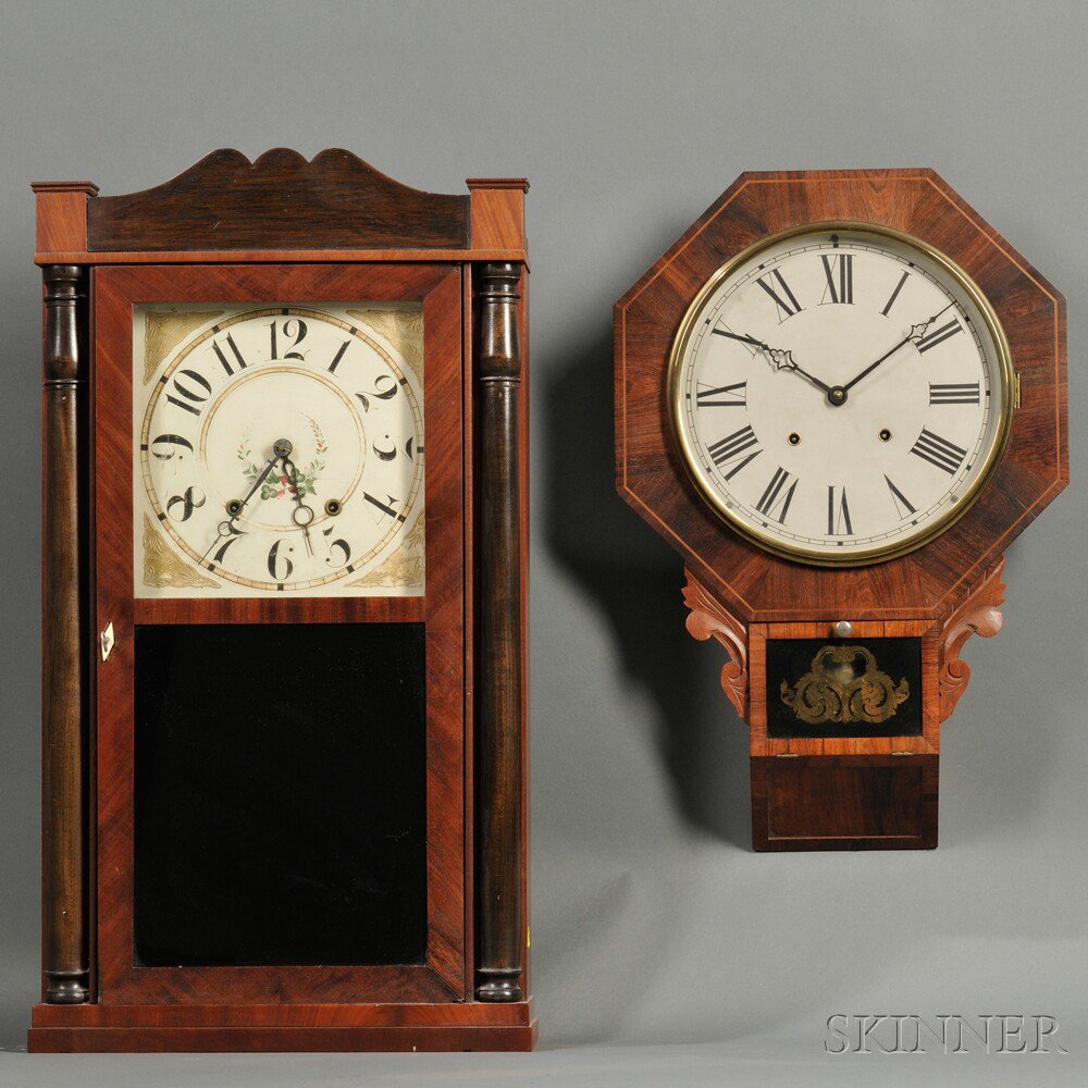 Appraisal: Two Connecticut Clocks an E N Welch schoolhouse drop octagonal