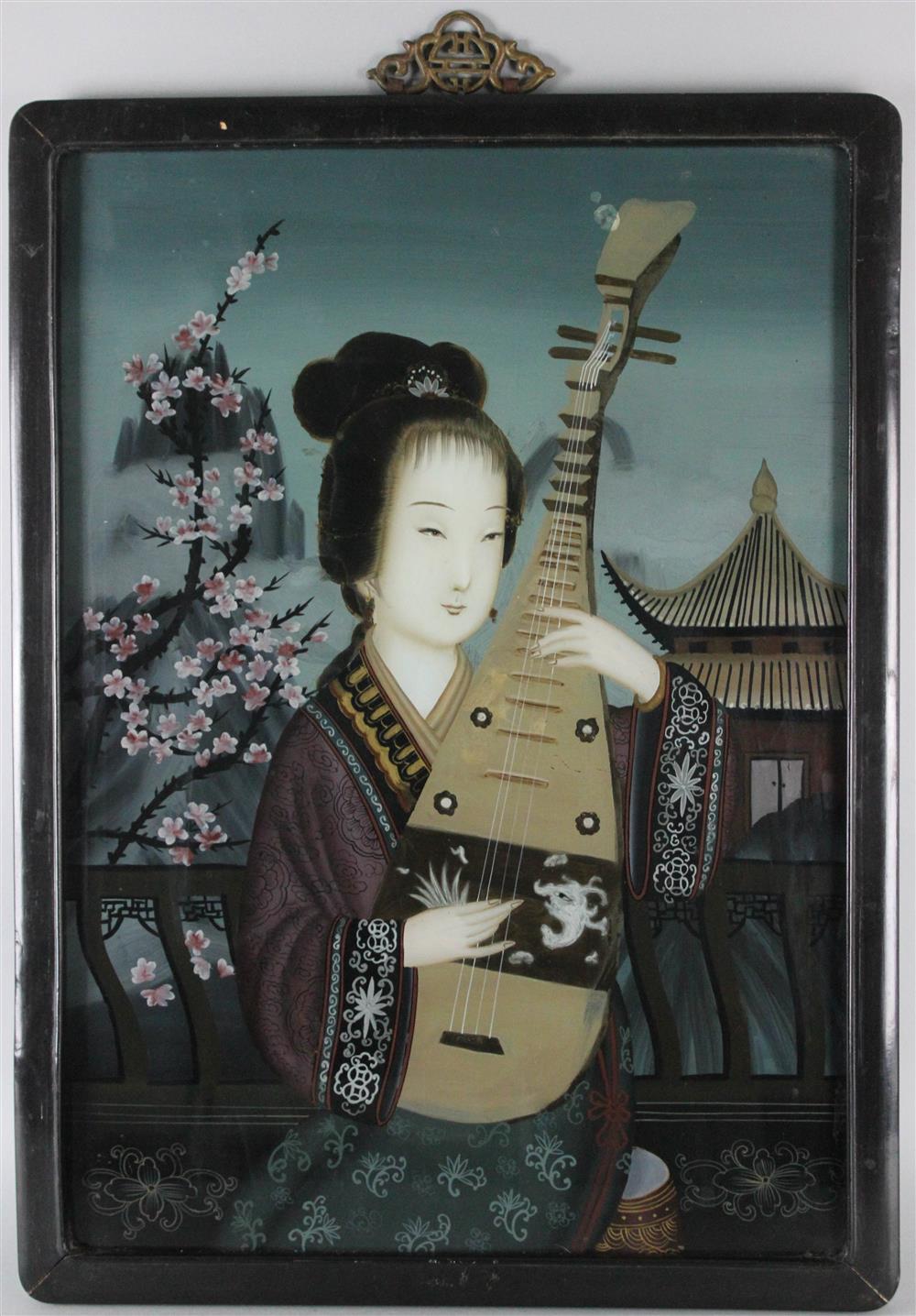 Appraisal: CHINESE REVERSE GLASS PAINTING OF A MEIREN WITH A LUTE