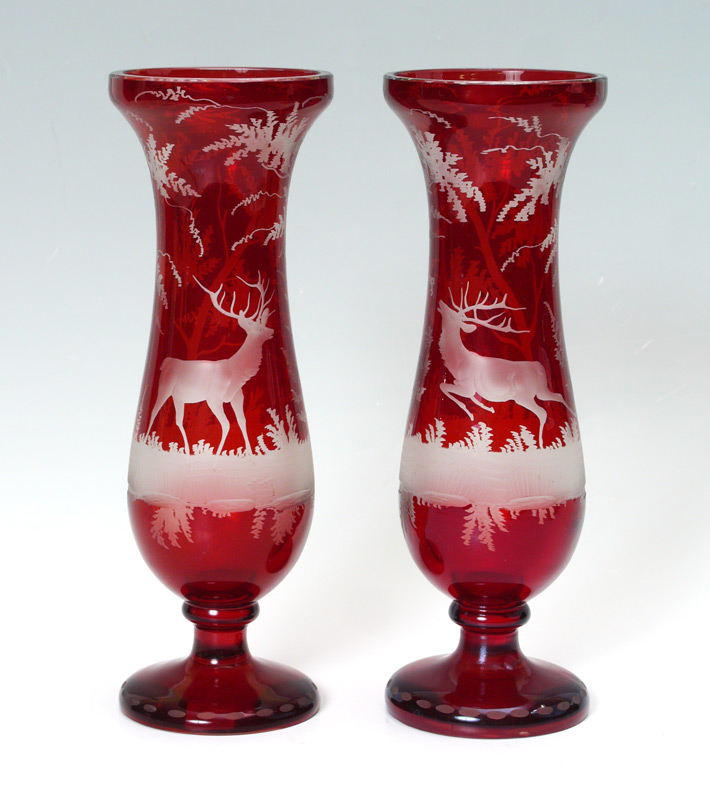 Appraisal: PAIR BOHEMIAN RED CUT TO CLEAR VASES Baluster form vases