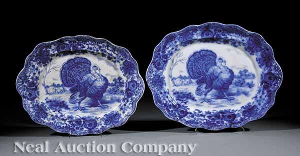 Appraisal: Two Staffordshire Flow Blue Turkey Platters by Ridgwayscalloped molded rim