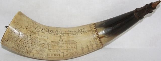 Appraisal: EARLY TH CENTURY SCRIMSHAWED POWDER HORN EASTERN EUROPEAN WITH SHIPS