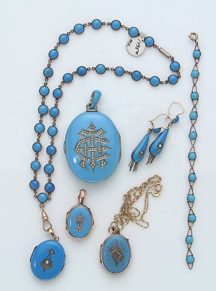 Appraisal: A collection of six items of turquoise pearl enamel gold