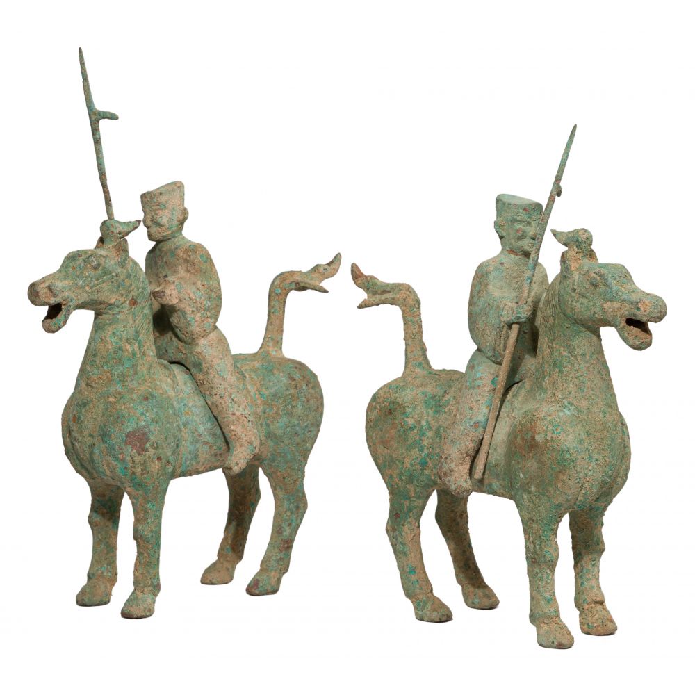 Appraisal: CHINESE HAN DYNASTY MOUNTED WARRIOR BRONZE FIGURES removable pikemen holding