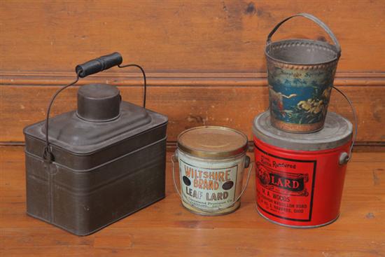 Appraisal: FOUR TINS Two lard buckets M A Woods and Wiltshire