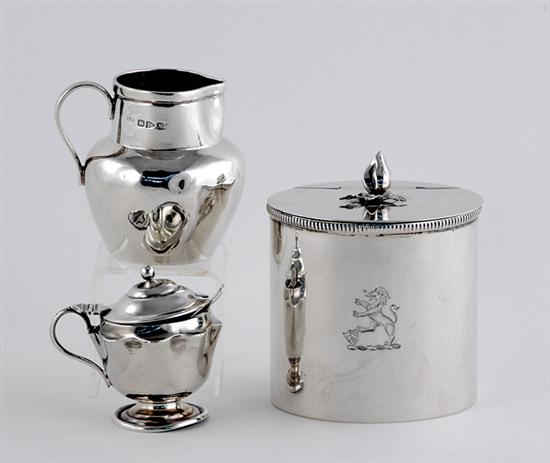 Appraisal: Sterling tea caddy and English salt and creamer flame knop