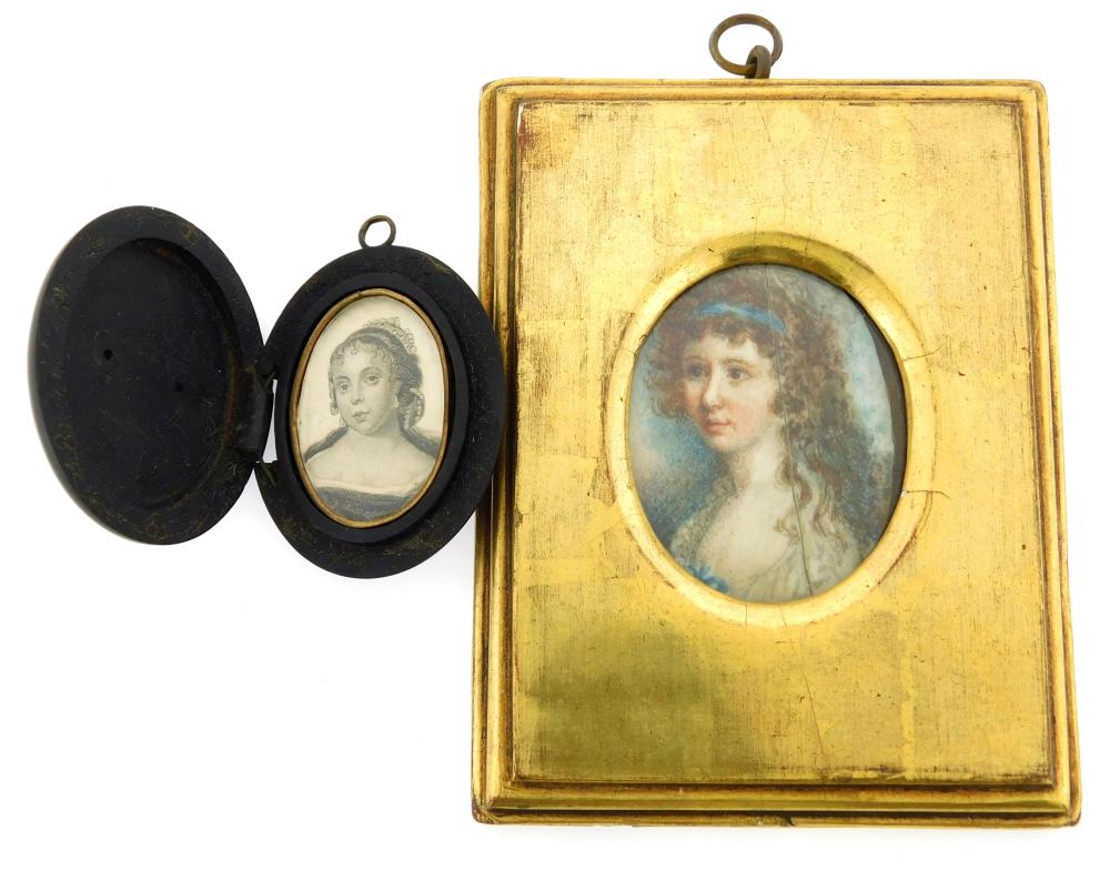 Appraisal: MINIATURES Two women one on oval support an engraving after