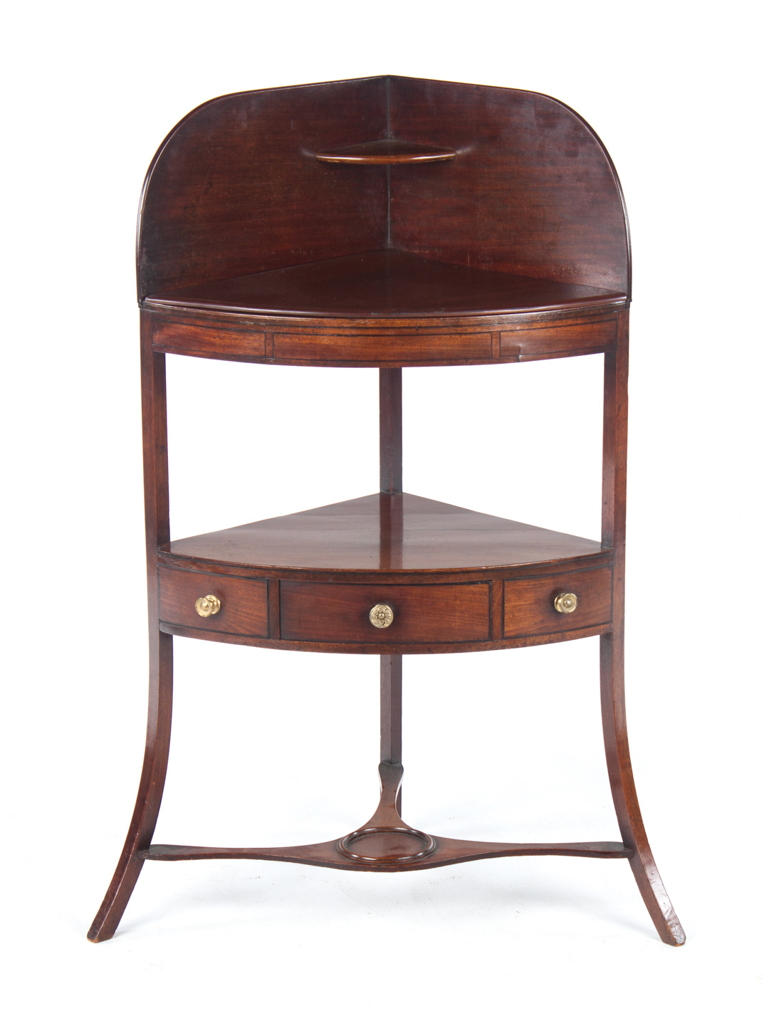 Appraisal: Regency mahogany corner washstand raised splash rail bow-front shelf with