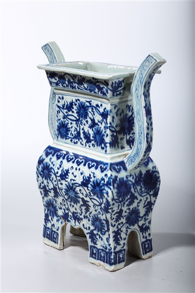 Appraisal: Chinese blue and white porcelain footed censer with foliate decoration