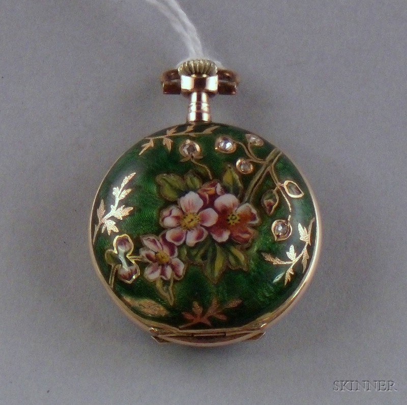 Appraisal: Lady's Swiss kt Gold Enamel Decorated and Rose-cut Diamond Pendant